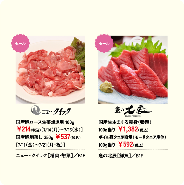 国産豚ロース生姜焼き用 100g ￥214(税込)［7/14(月)〜7/16(水)］ 国産豚切落し 350g ￥537(税込)［7/11(金)〜7/21(月・祝)］ ニュー・クイック［精肉･惣菜］／B1F 国産生本まぐろ赤身(養殖) 100g当り ￥1,382(税込) ボイル真タコ刺身用(モーリタニア産他) 100g当り ￥592(税込)  魚の北辰［鮮魚］／B1F