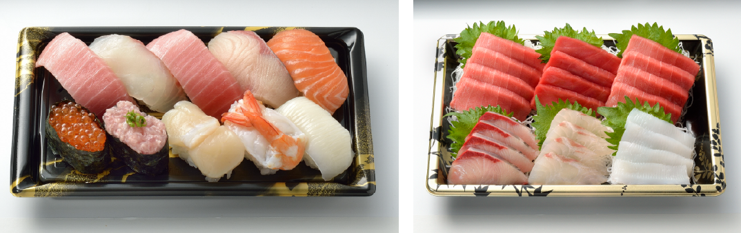 左：本まぐろ中とろ入 寿司盛合せ 1パック 10貫入 ￥1,300（税込）右：本まぐろ中とろ・赤身入 刺身盛合せ 6点盛 1パック ￥3,000（税込）
