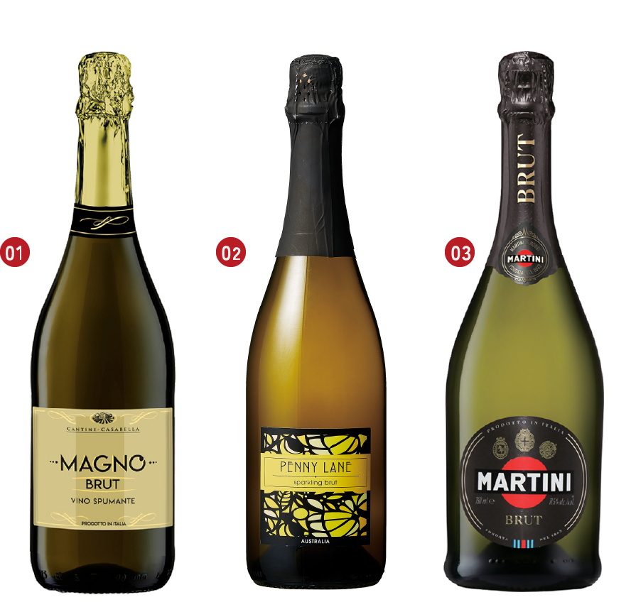 01：マーニョ・ブリュット ￥1,188（税込） 02：ペニー・レーン・スパークリング ￥968（税込） 03：マルティーニ ブリュット ￥1,319（税込）
