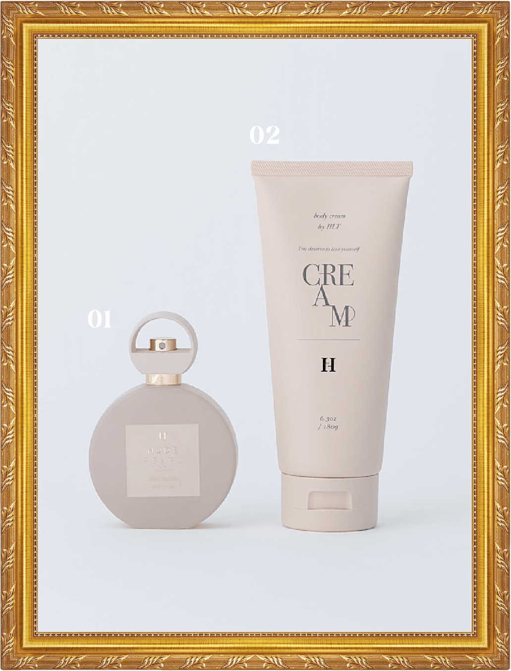 ハーリップトゥ01：ヘアパフューム ヌードパール 50mL ￥6,200（税込）02：センシュアルリッチボディクリーム ヌードパール 180g ￥4,300（税込）