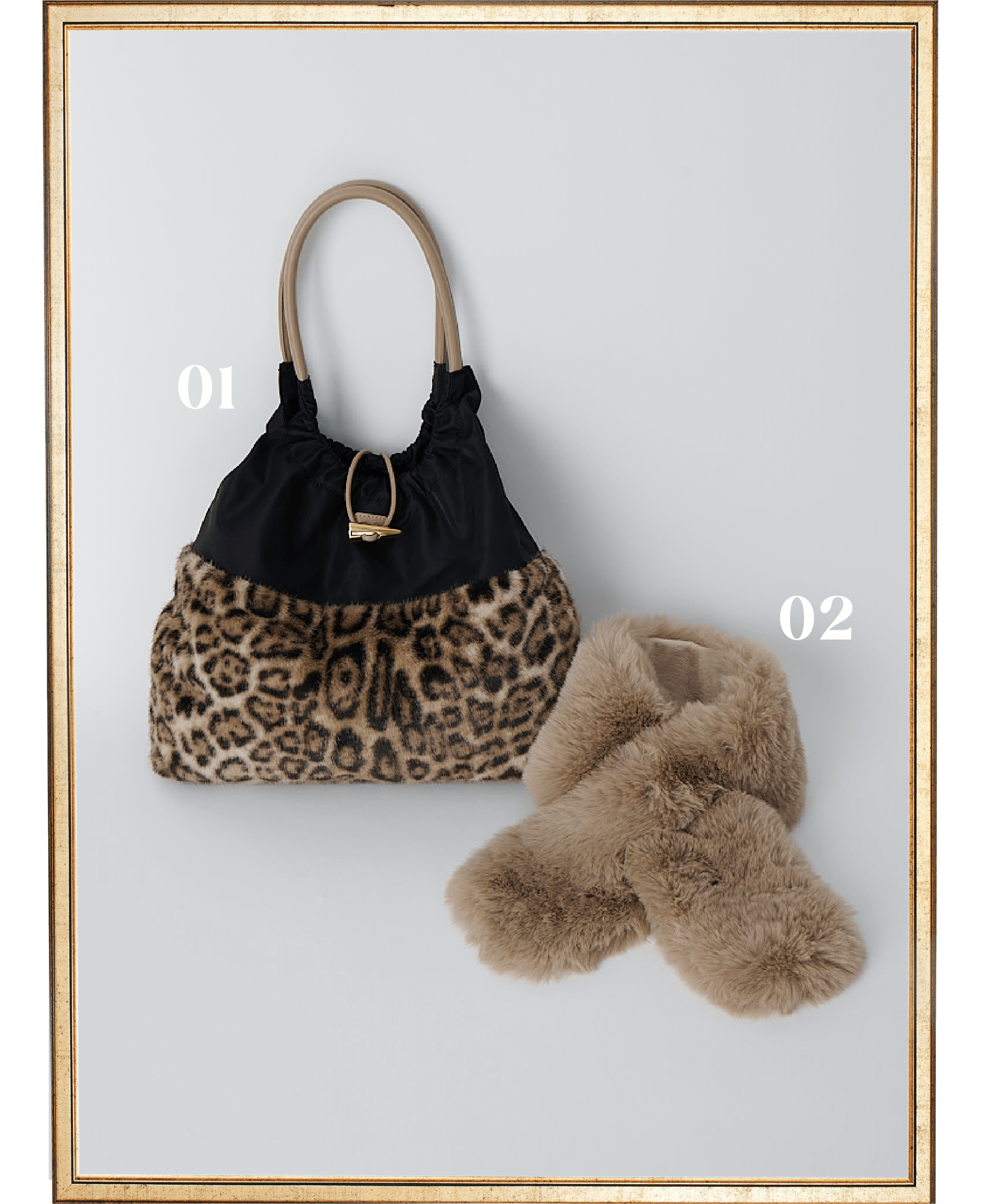 01：ヒョウ柄ファートートバッグ￥6,490（税込）02：フェイクファーティペット￥4,389（税込）