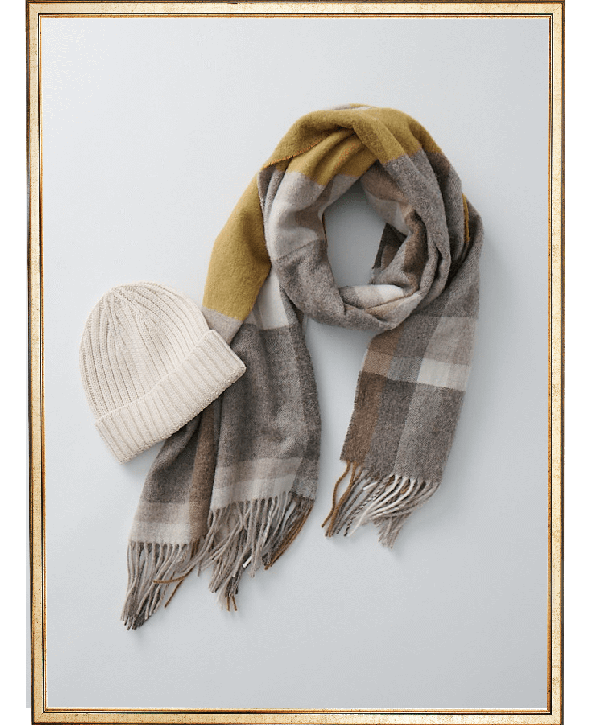 おでこのチクチクを抑えたメリノウール混 ワッチ ￥2,990（税込）、ふっくらウール大判ストール モカブラウンチェック ￥3,990（税込）