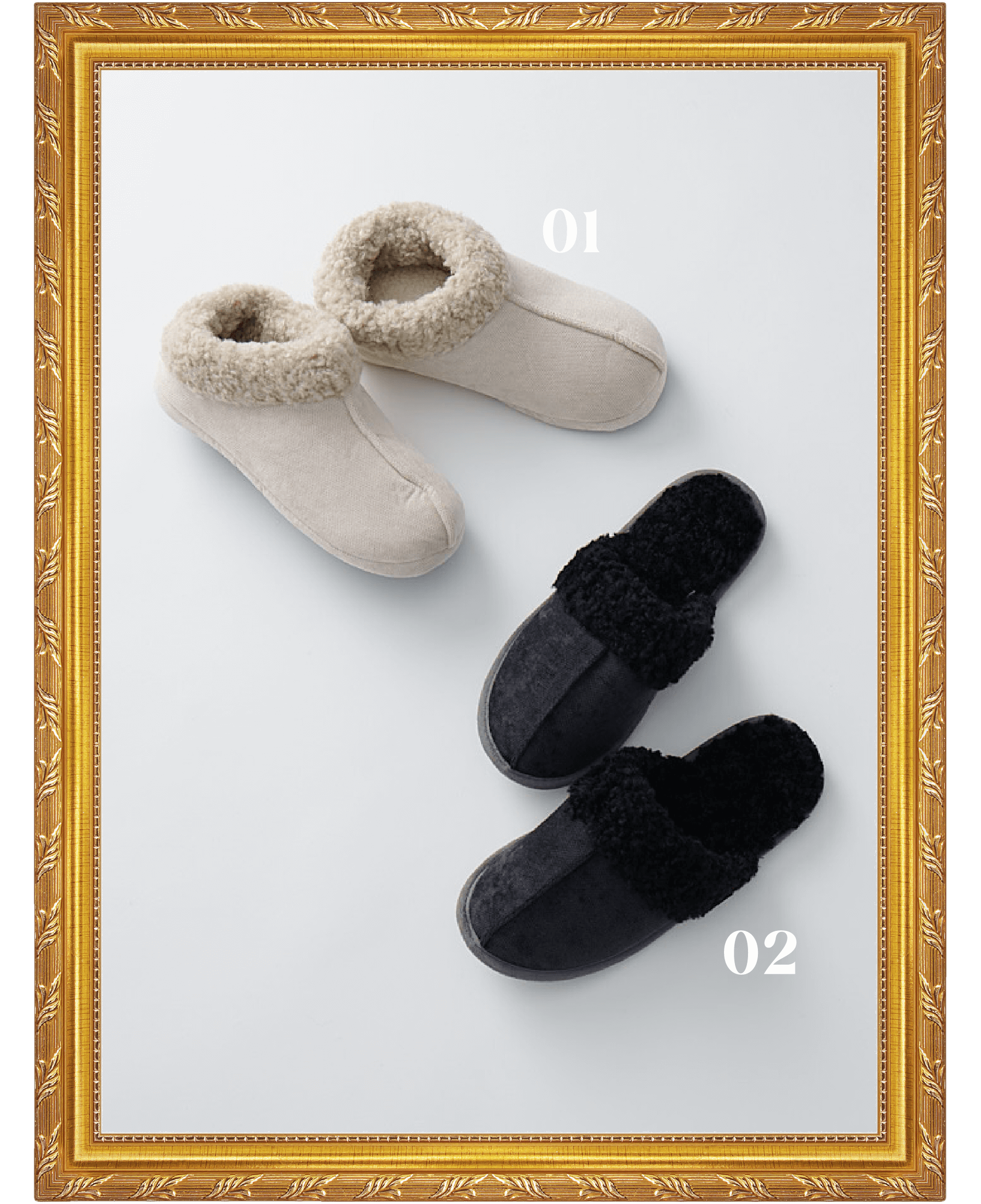 01：洗える暖かさ逃さないブーツボア ￥2,189（税込）02：＜拭ける軽量ソール＞ボアであったか脱ぎ履きしやすいスリッパ ￥1,859（税込）