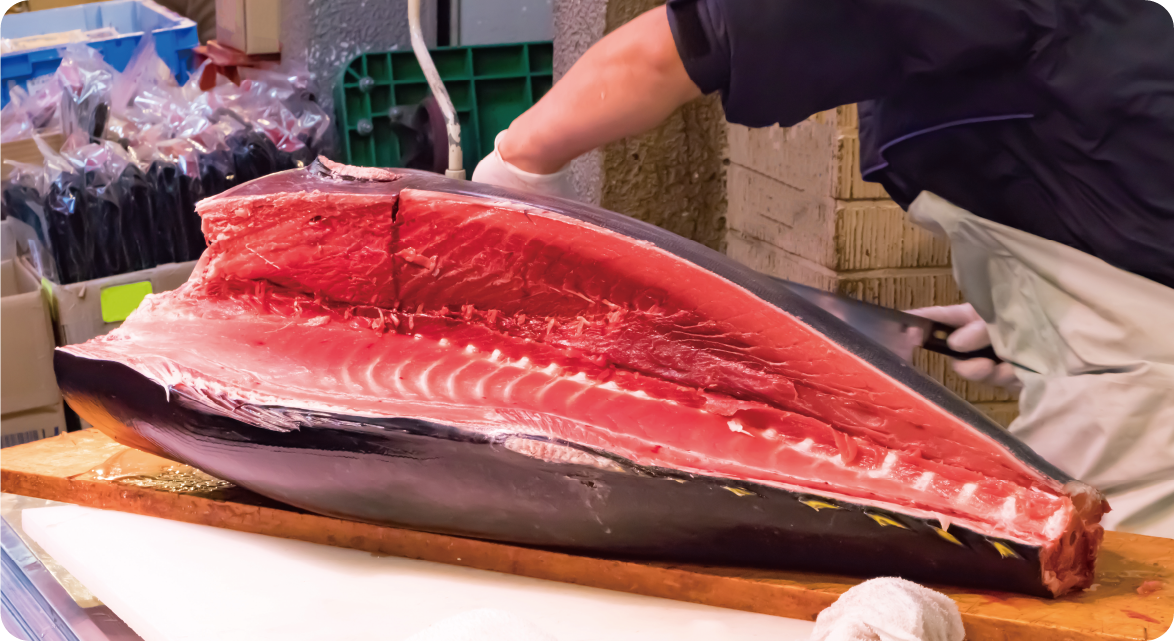 01:3/28(土)16時〜国産 生本まぐろ 実演解体販売02:長崎県産他 国産生本まぐろ 養殖 刺身用 100gあたり¥1,285(税込)