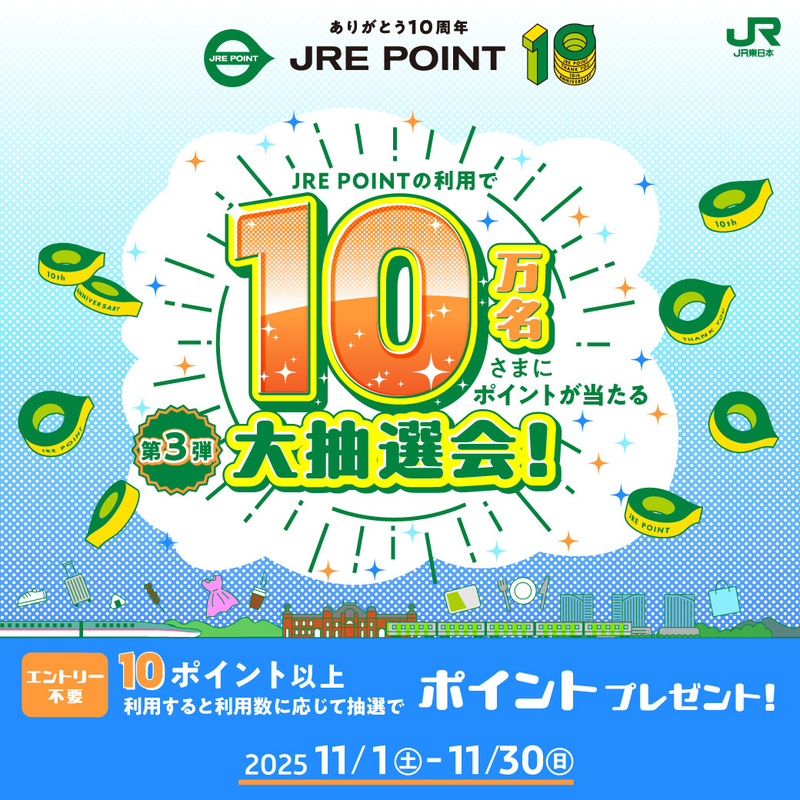 JRE POINTは10周年!!第3弾は10万名様にポイント当たる♪